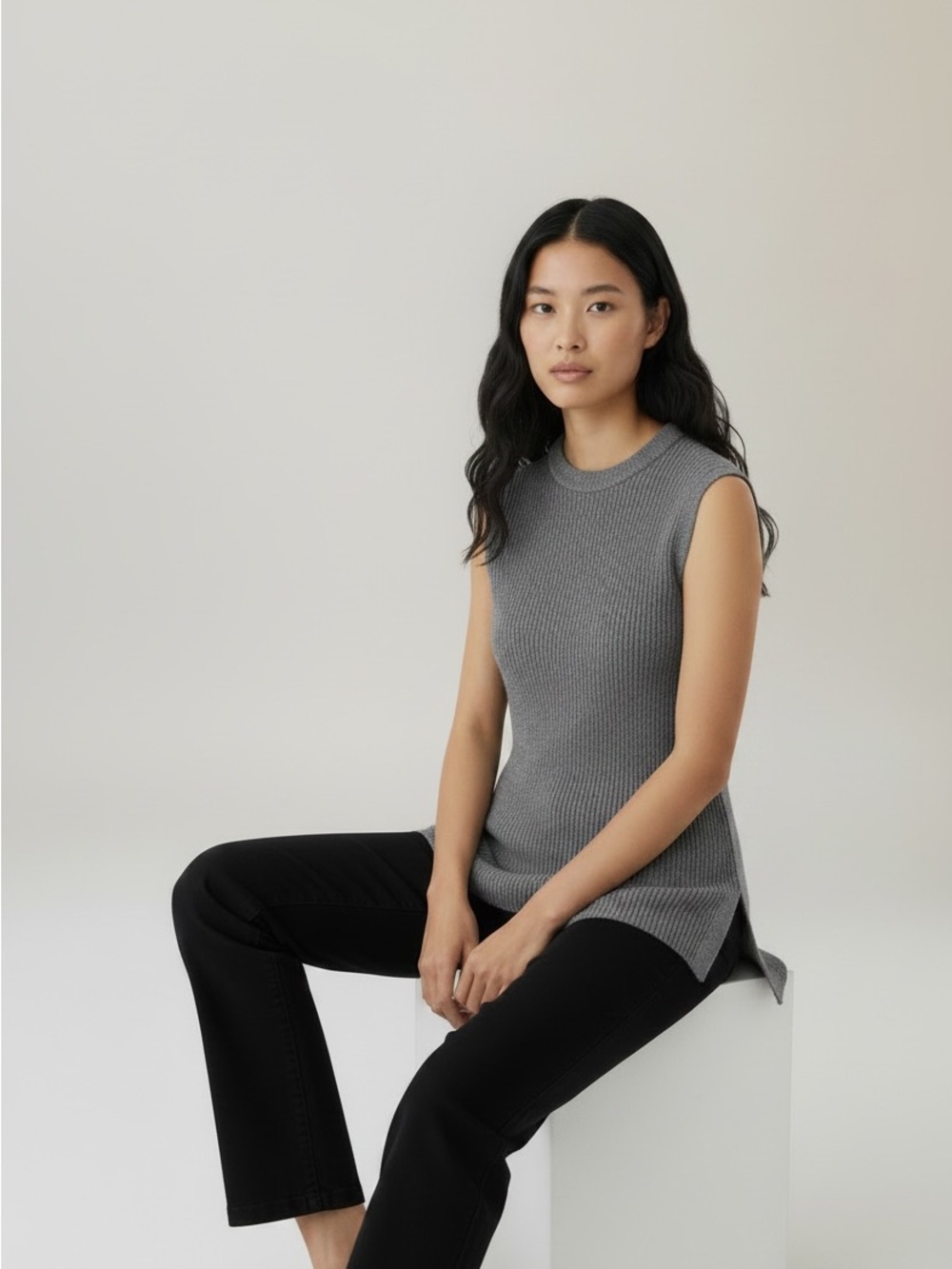 Wilfred by Aritzia 100% Wool Grey Rib-Knit Sleeveless Sweater Vest Tuni